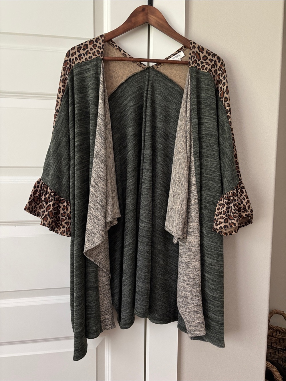 Umgee Heather Olive Green and Leopard Print Open Cardigan